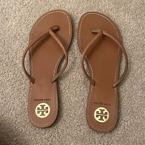 Tory Burch nude leather flip flops